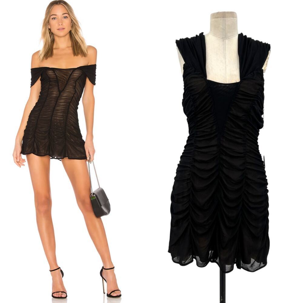 Majorelle Pandora Mini Dress Black Nude Ruched Shirred Off the Shoulder Size XL